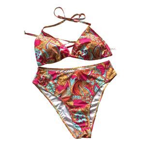 Pink & Orange Bold Floral High Waisted Triangle Bikini - 2X - Women's Plus Size